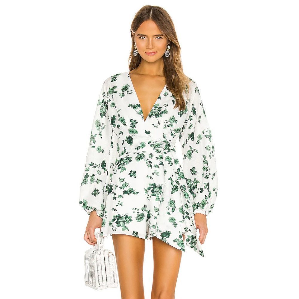 KEEPSAKE the Label White Floral Wrap Romper with Green Print